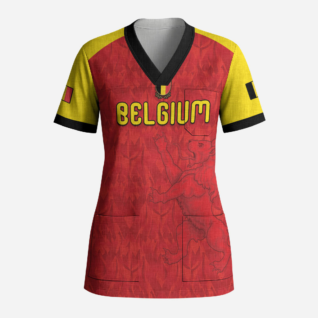 Custom Belgium Football 2026 Scrub Top Belgian Lion Sporty Style