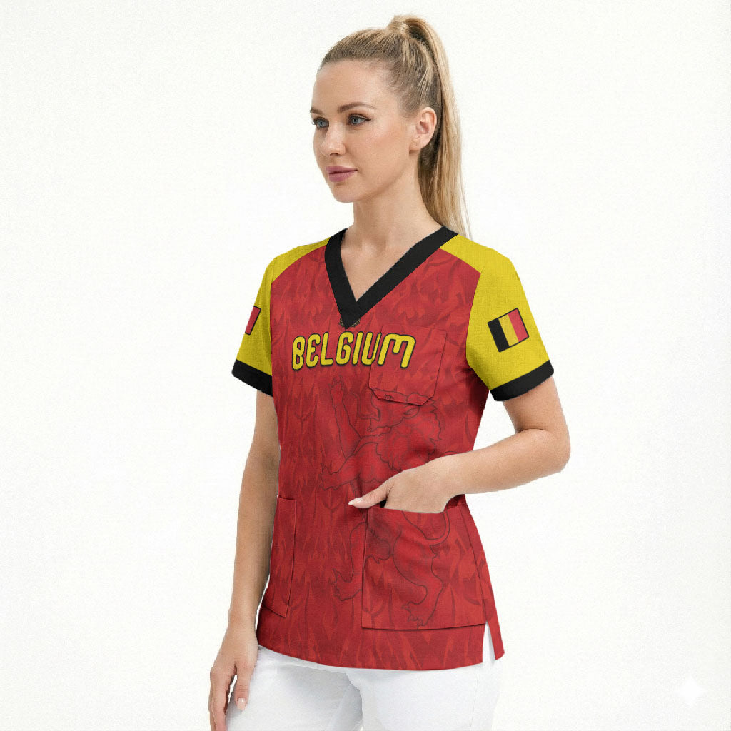 Custom Belgium Football 2026 Scrub Top Belgian Lion Sporty Style
