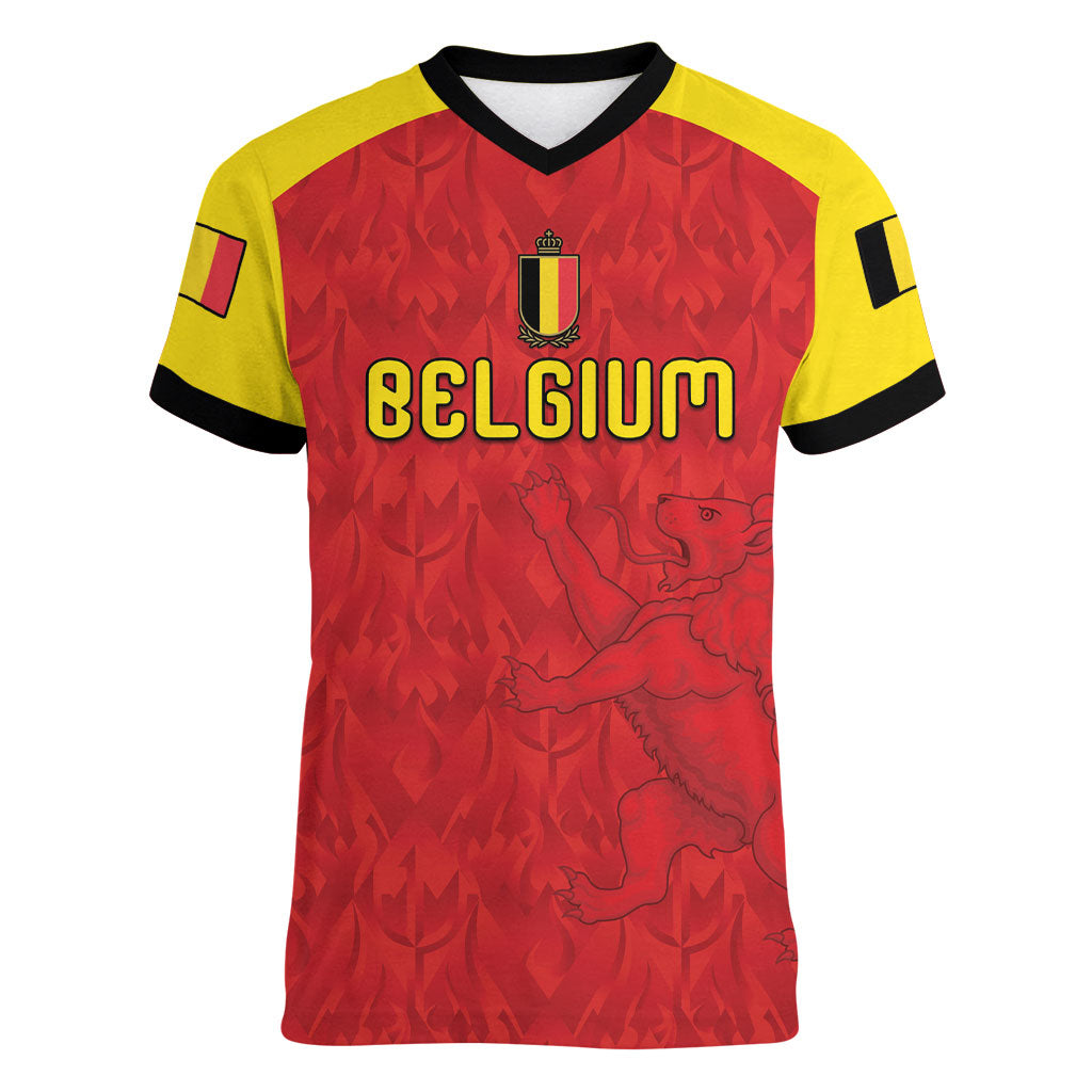 Custom Belgium Football 2026 Women V-Neck T-Shirt Belgian Lion Sporty Style