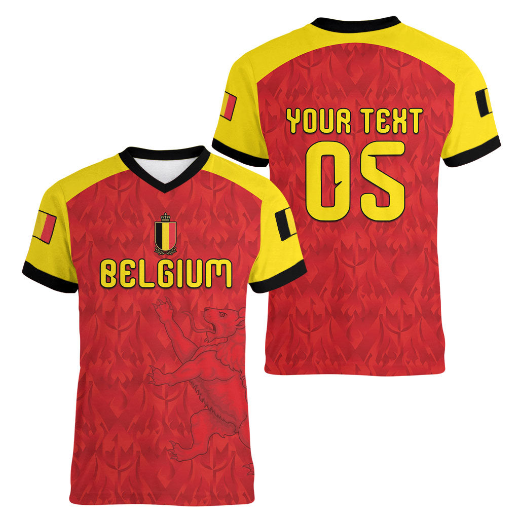 Custom Belgium Football 2026 Women V-Neck T-Shirt Belgian Lion Sporty Style