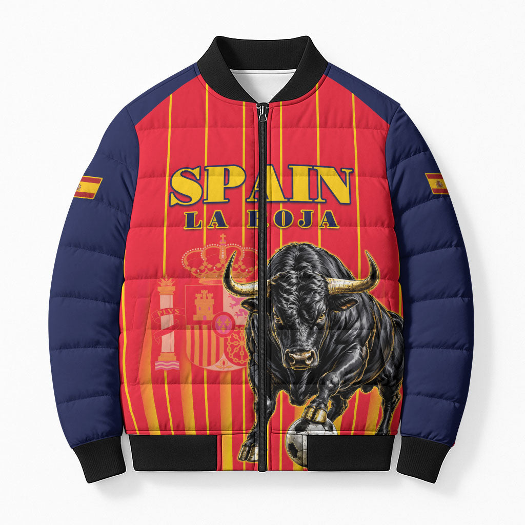 Custom Spain Football 2026 Bomber Puffer Jacket La Roja Brave Bull Striped Style
