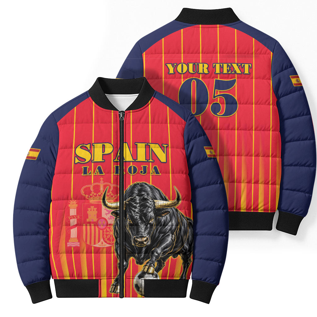 Custom Spain Football 2026 Bomber Puffer Jacket La Roja Brave Bull Striped Style