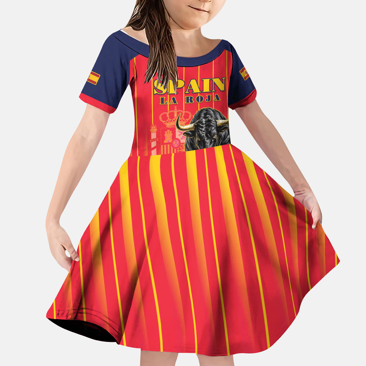 Custom Spain Football 2026 Kid Short Sleeve Dress La Roja Brave Bull Striped Style