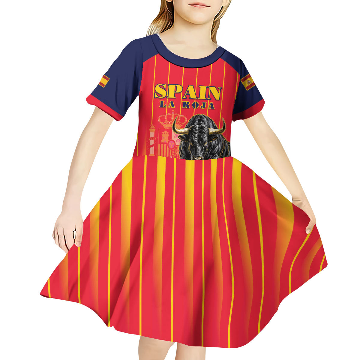 Custom Spain Football 2026 Kid Short Sleeve Dress La Roja Brave Bull Striped Style