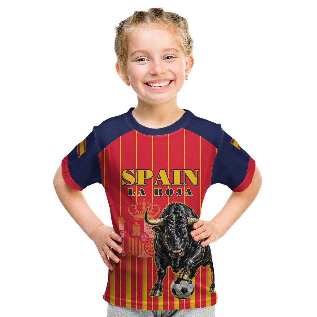 Custom Spain Football 2026 Kid T Shirt La Roja Brave Bull Striped Style