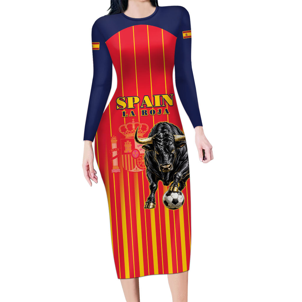Custom Spain Football 2026 Long Sleeve Bodycon Dress La Roja Brave Bull Striped Style