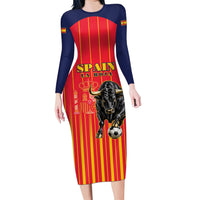 Custom Spain Football 2026 Long Sleeve Bodycon Dress La Roja Brave Bull Striped Style