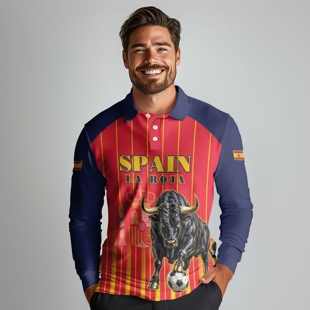 Custom Spain Football 2026 Long Sleeve Polo Shirt La Roja Brave Bull Striped Style