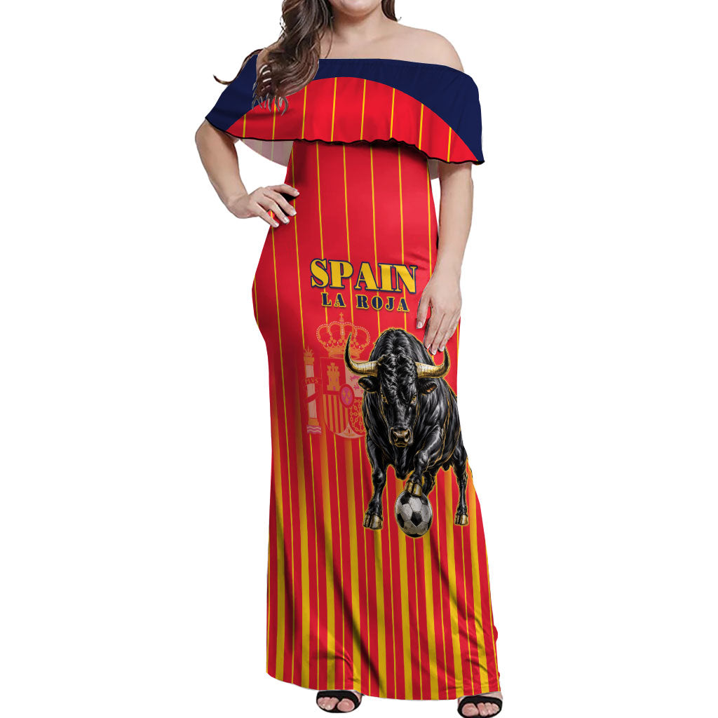 Custom Spain Football 2026 Off Shoulder Maxi Dress La Roja Brave Bull Striped Style