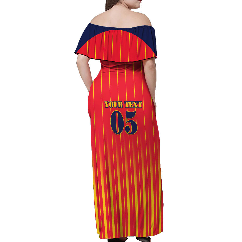 Custom Spain Football 2026 Off Shoulder Maxi Dress La Roja Brave Bull Striped Style