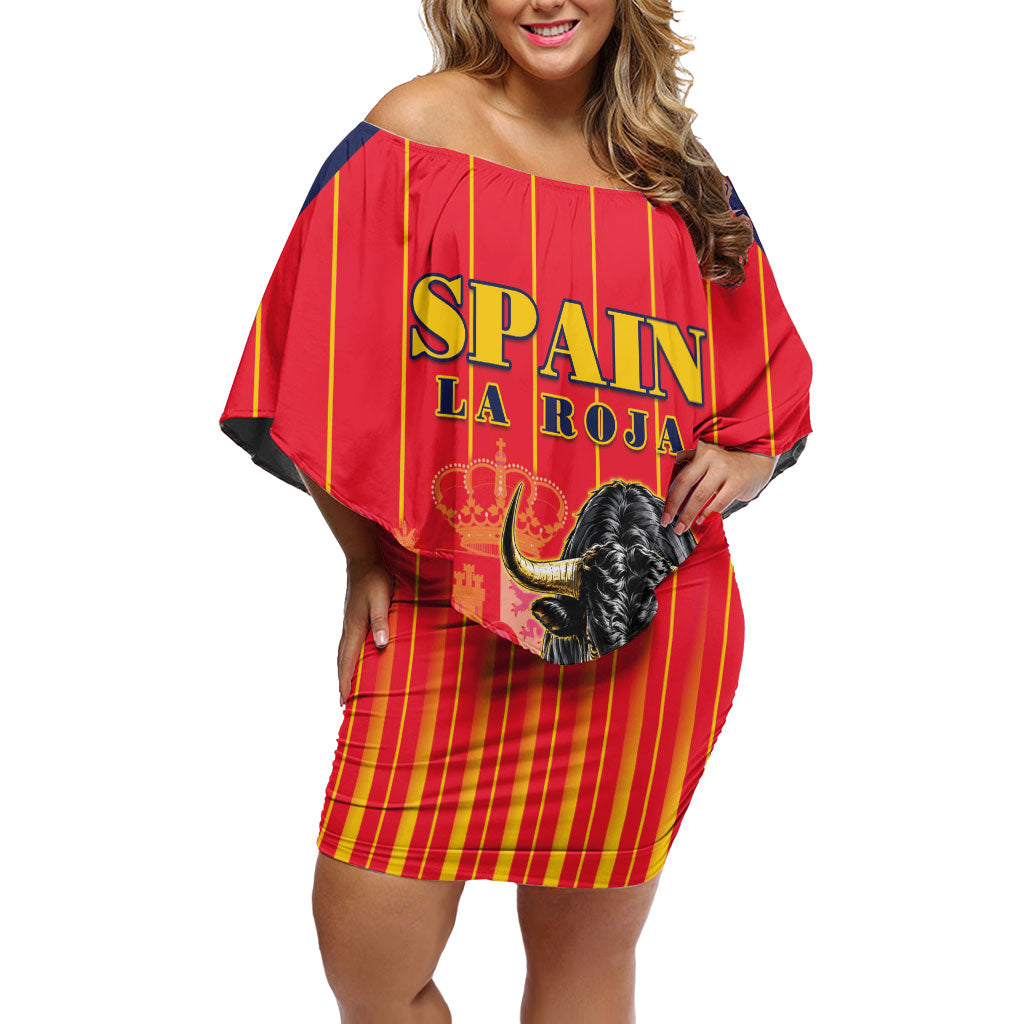 Custom Spain Football 2026 Off Shoulder Short Dress La Roja Brave Bull Striped Style