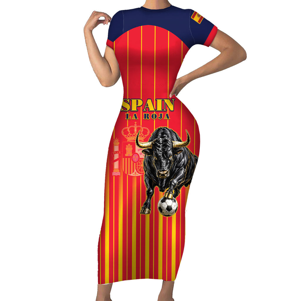 Custom Spain Football 2026 Short Sleeve Bodycon Dress La Roja Brave Bull Striped Style