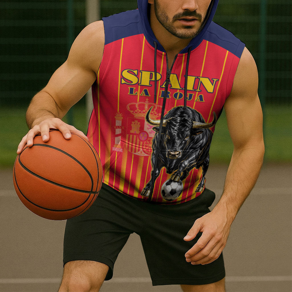 Custom Spain Football 2026 Sleeveless Zip Hoodie La Roja Brave Bull Striped Style