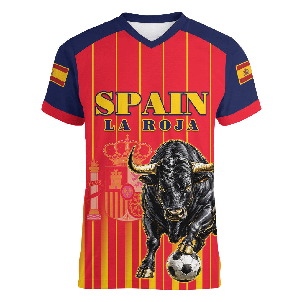 Custom Spain Football 2026 Women V-Neck T-Shirt La Roja Brave Bull Striped Style