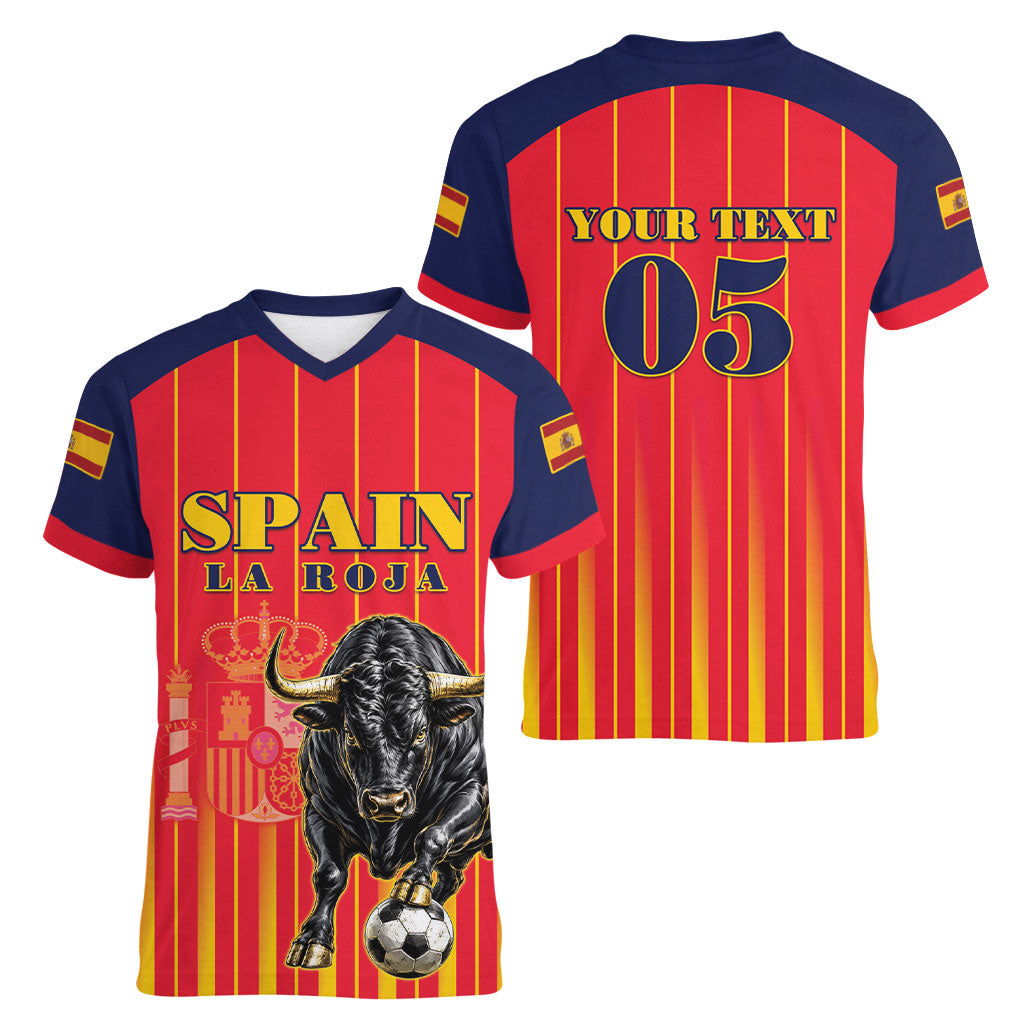 Custom Spain Football 2026 Women V-Neck T-Shirt La Roja Brave Bull Striped Style