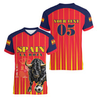 Custom Spain Football 2026 Women V-Neck T-Shirt La Roja Brave Bull Striped Style