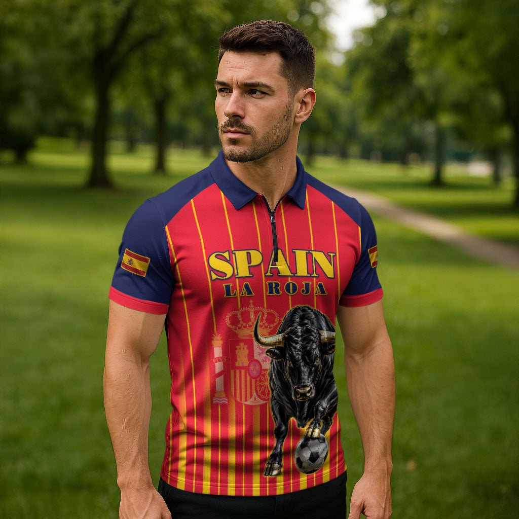 Custom Spain Football 2026 Zipper Polo Shirt La Roja Brave Bull Striped Style