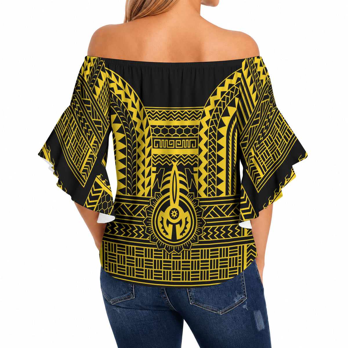 Philippines Filipinos Off Shoulder Wrap Waist Top Igorot Tribal Pattern Black