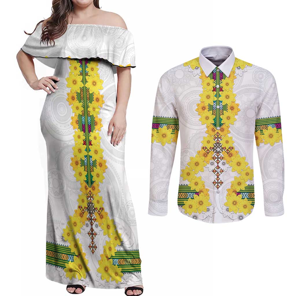 Enkutatash Ethiopia New Year Couples Matching Off Shoulder Maxi Dress and Long Sleeve Button Shirt Tilet Pattern With Adey Abeba Flowers LT05 - Wonder Print Shop