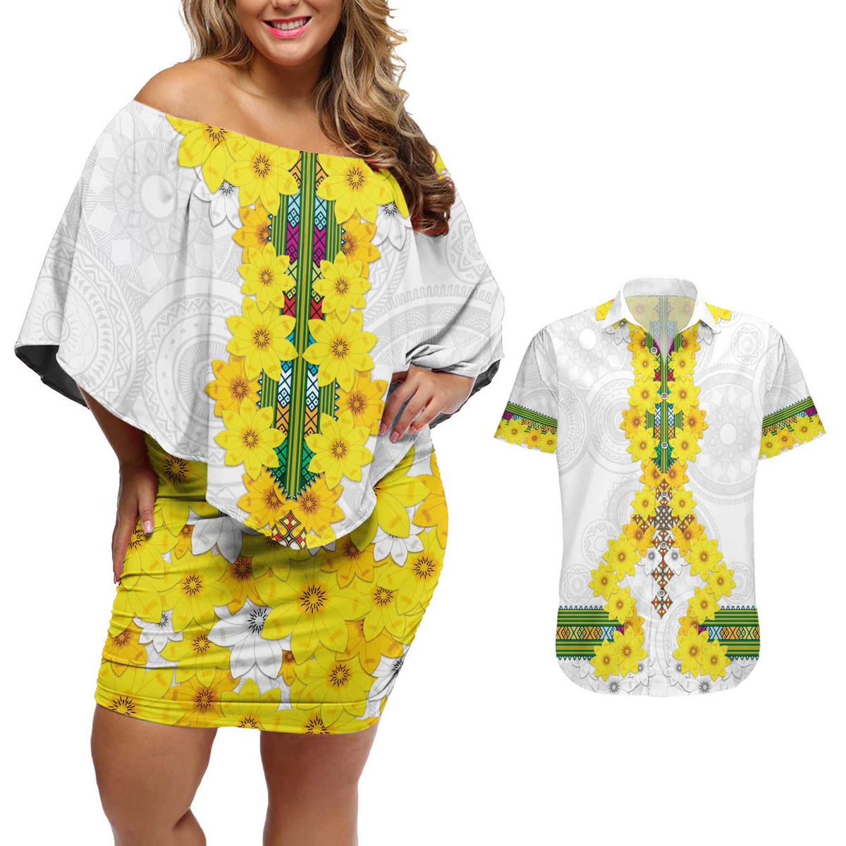Enkutatash Ethiopia New Year Couples Matching Off Shoulder Short Dress and Hawaiian Shirt Tilet Pattern With Adey Abeba Flowers LT05 - Wonder Print Shop