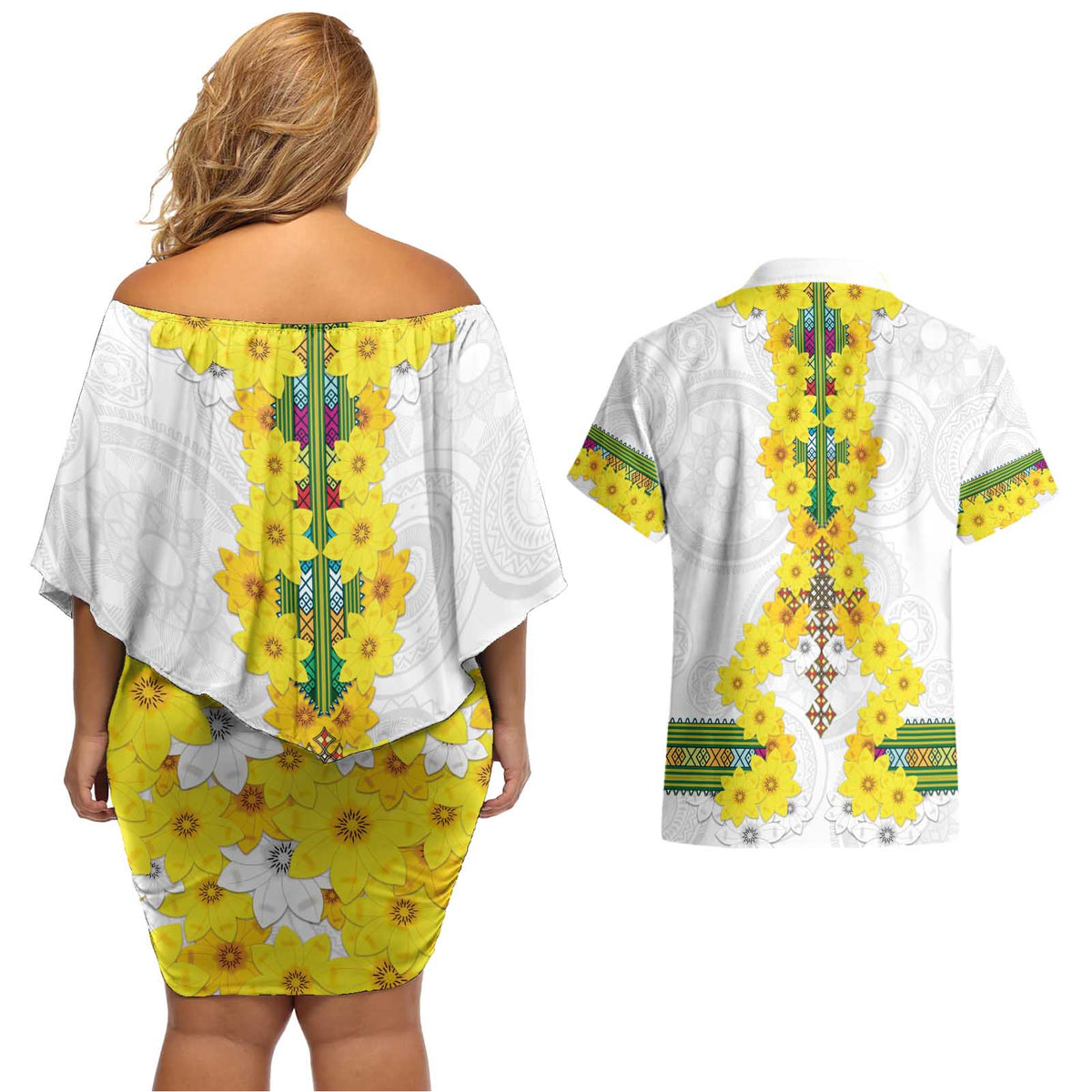 Enkutatash Ethiopia New Year Couples Matching Off Shoulder Short Dress and Hawaiian Shirt Tilet Pattern With Adey Abeba Flowers LT05 - Wonder Print Shop