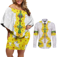 Enkutatash Ethiopia New Year Couples Matching Off Shoulder Short Dress and Long Sleeve Button Shirt Tilet Pattern With Adey Abeba Flowers LT05 - Wonder Print Shop