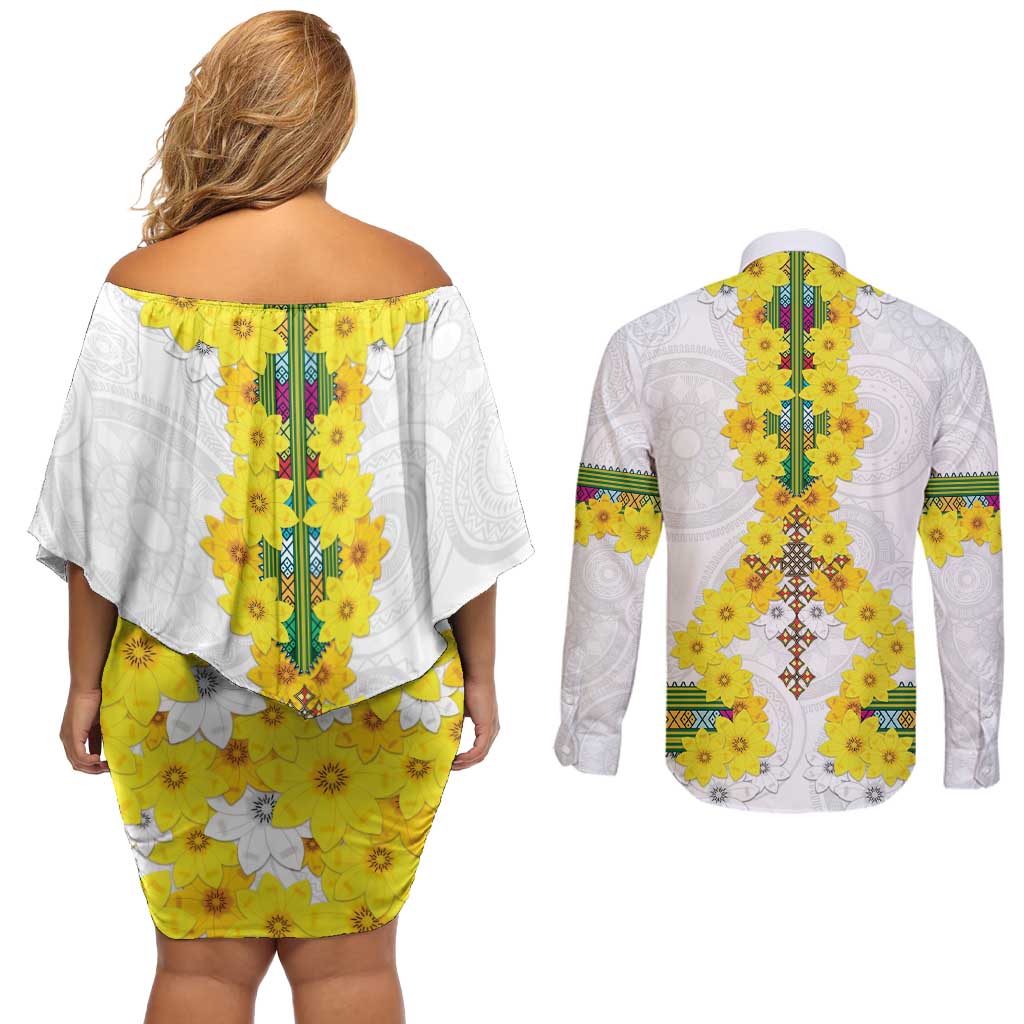 Enkutatash Ethiopia New Year Couples Matching Off Shoulder Short Dress and Long Sleeve Button Shirt Tilet Pattern With Adey Abeba Flowers LT05 - Wonder Print Shop
