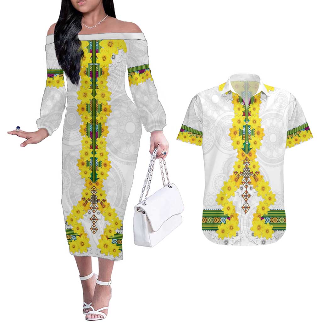 Enkutatash Ethiopia New Year Couples Matching Off The Shoulder Long Sleeve Dress and Hawaiian Shirt Tilet Pattern With Adey Abeba Flowers LT05 - Wonder Print Shop