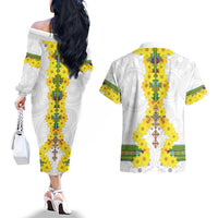 Enkutatash Ethiopia New Year Couples Matching Off The Shoulder Long Sleeve Dress and Hawaiian Shirt Tilet Pattern With Adey Abeba Flowers LT05 - Wonder Print Shop