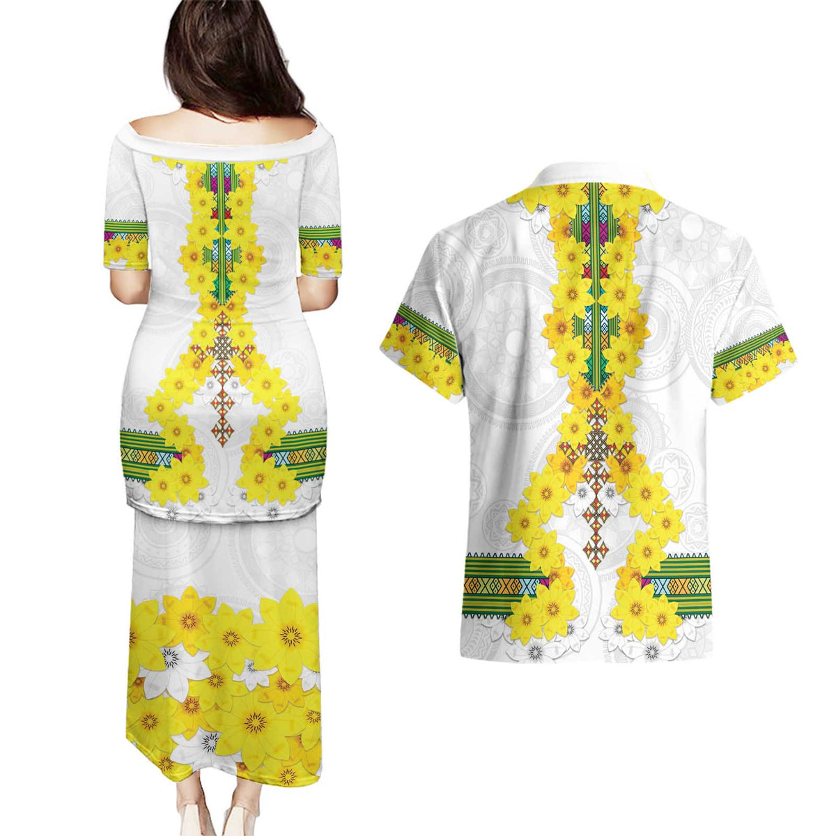 Enkutatash Ethiopia New Year Couples Matching Puletasi and Hawaiian Shirt Tilet Pattern With Adey Abeba Flowers LT05 - Wonder Print Shop