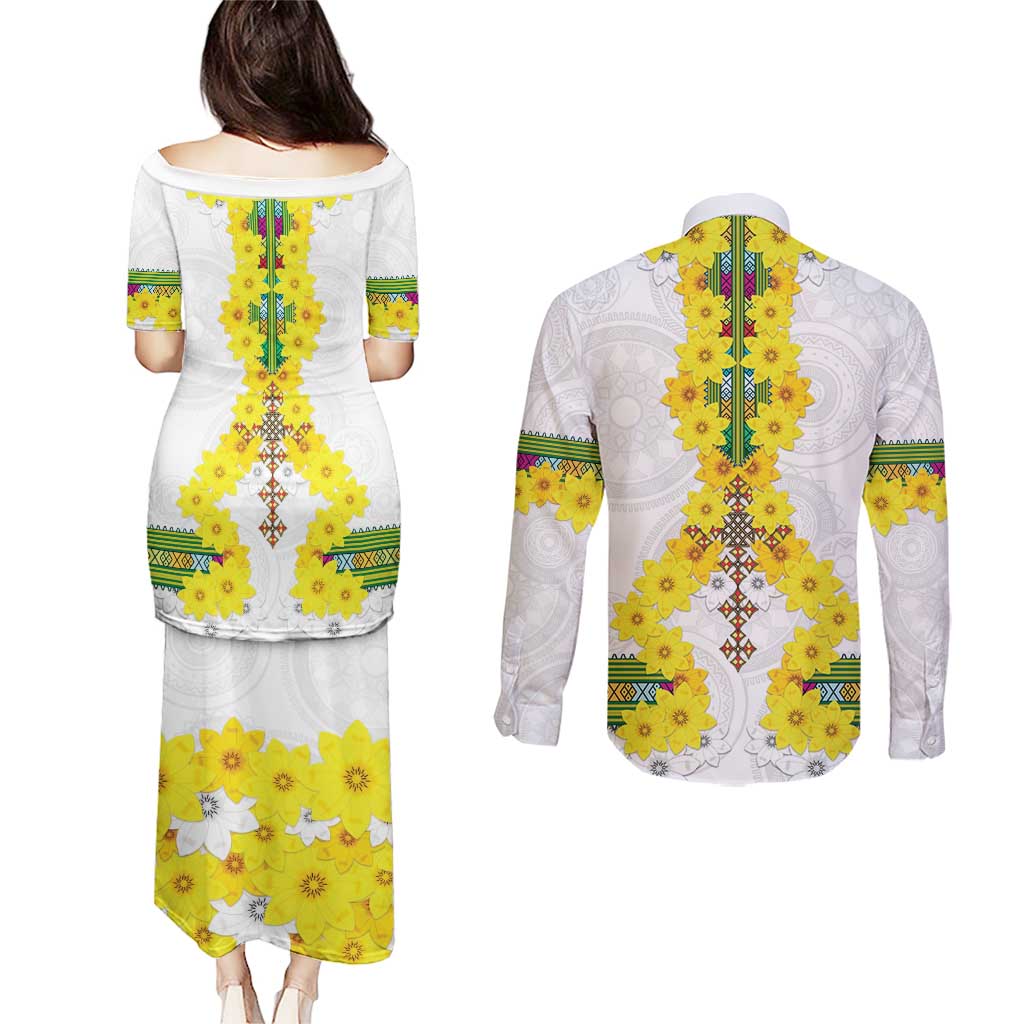 Enkutatash Ethiopia New Year Couples Matching Puletasi and Long Sleeve Button Shirt Tilet Pattern With Adey Abeba Flowers LT05 - Wonder Print Shop