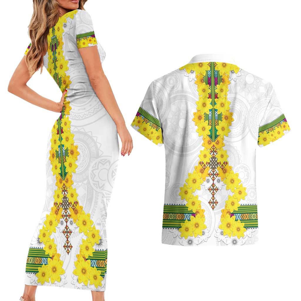 Enkutatash Ethiopia New Year Couples Matching Short Sleeve Bodycon Dress and Hawaiian Shirt Tilet Pattern With Adey Abeba Flowers LT05 - Wonder Print Shop