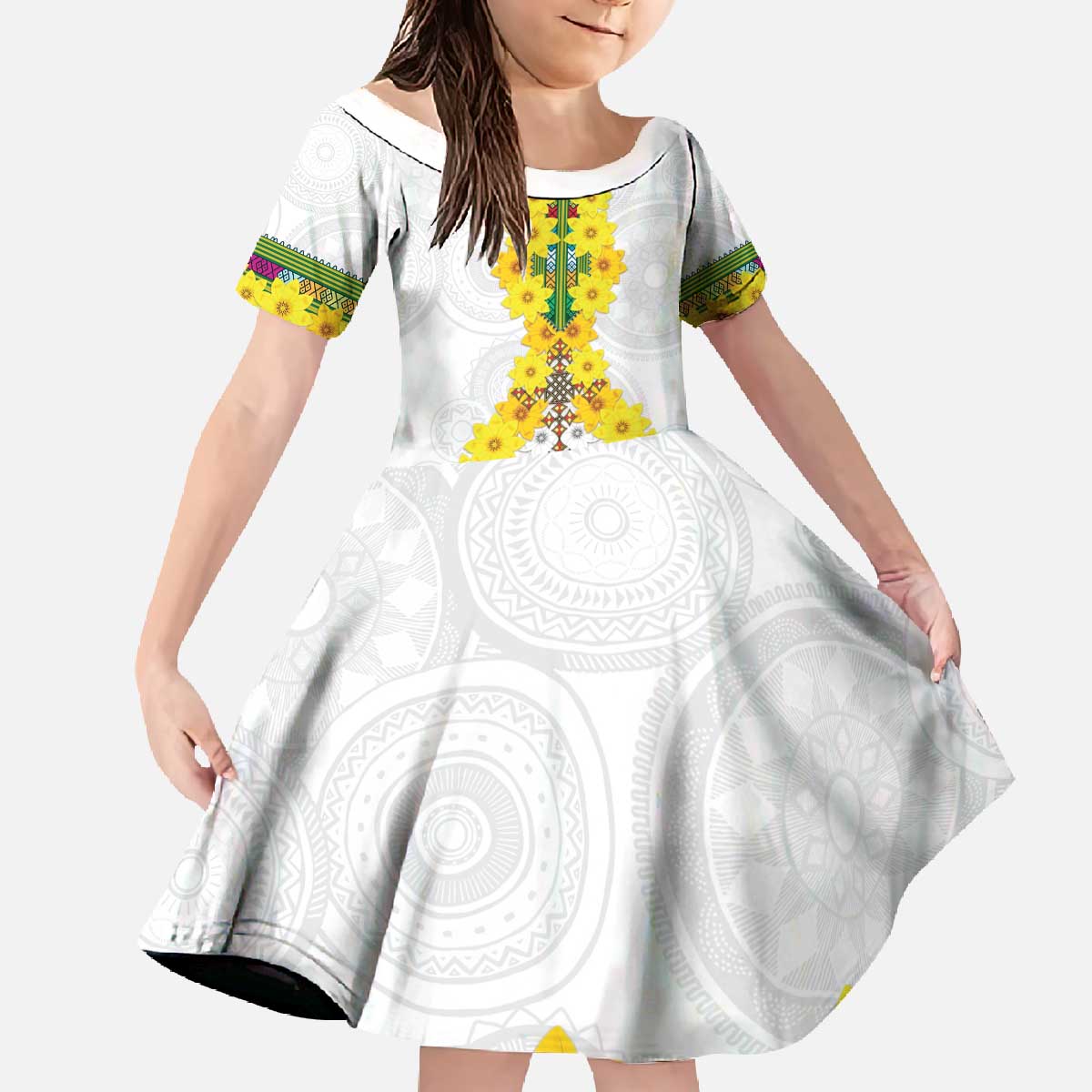 Enkutatash Ethiopia New Year Family Matching Off The Shoulder Long Sleeve Dress and Hawaiian Shirt Tilet Pattern With Adey Abeba Flowers LT05 - Wonder Print Shop