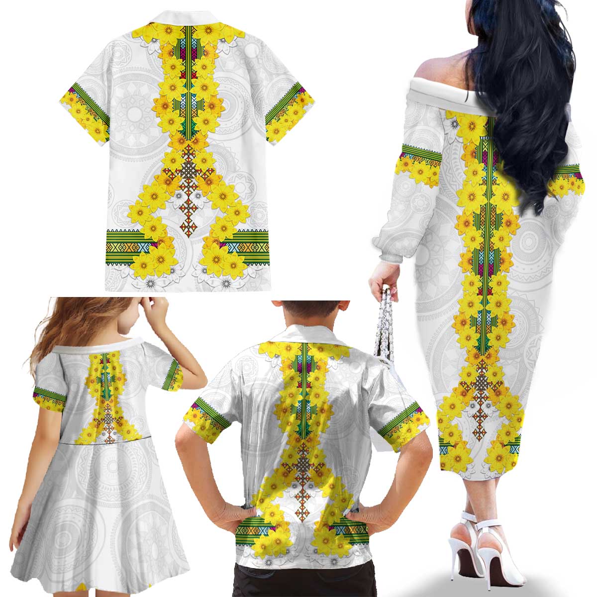 Enkutatash Ethiopia New Year Family Matching Off The Shoulder Long Sleeve Dress and Hawaiian Shirt Tilet Pattern With Adey Abeba Flowers LT05 - Wonder Print Shop