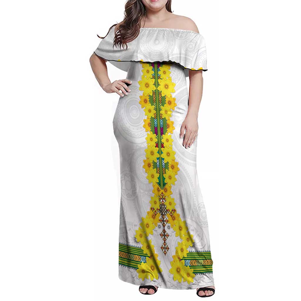Enkutatash Ethiopia New Year Family Matching Off Shoulder Maxi Dress and Hawaiian Shirt Tilet Pattern With Adey Abeba Flowers LT05 - Wonder Print Shop
