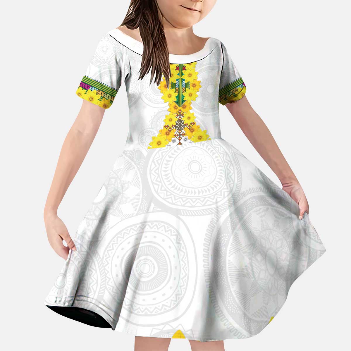 Enkutatash Ethiopia New Year Kid Short Sleeve Dress Tilet Pattern With Adey Abeba Flowers LT05 - Wonder Print Shop