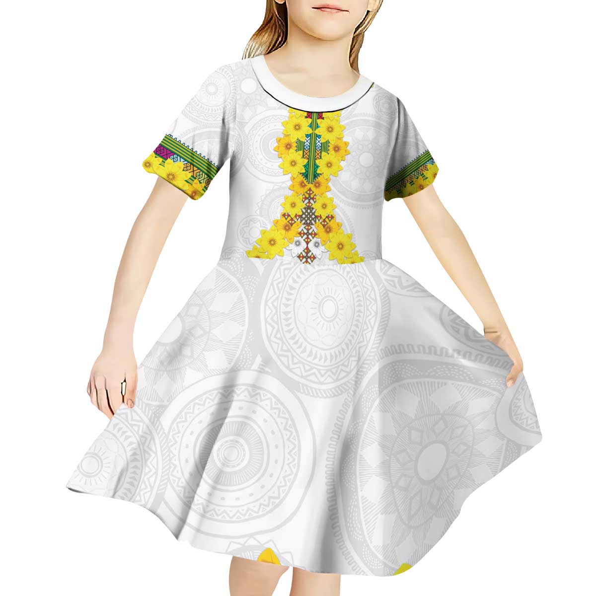 Enkutatash Ethiopia New Year Kid Short Sleeve Dress Tilet Pattern With Adey Abeba Flowers LT05 - Wonder Print Shop