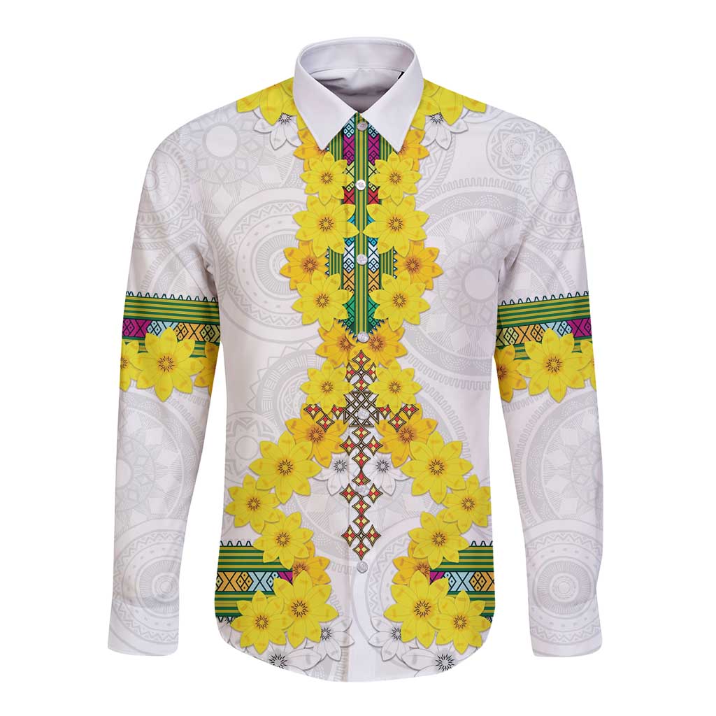 Enkutatash Ethiopia New Year Long Sleeve Button Shirt Tilet Pattern With Adey Abeba Flowers LT05 - Wonder Print Shop