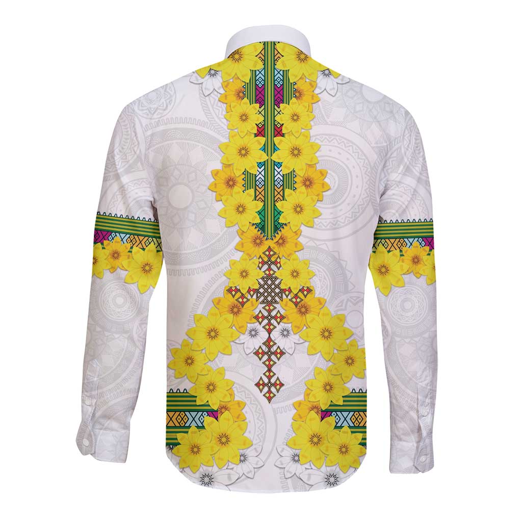 Enkutatash Ethiopia New Year Long Sleeve Button Shirt Tilet Pattern With Adey Abeba Flowers LT05 - Wonder Print Shop