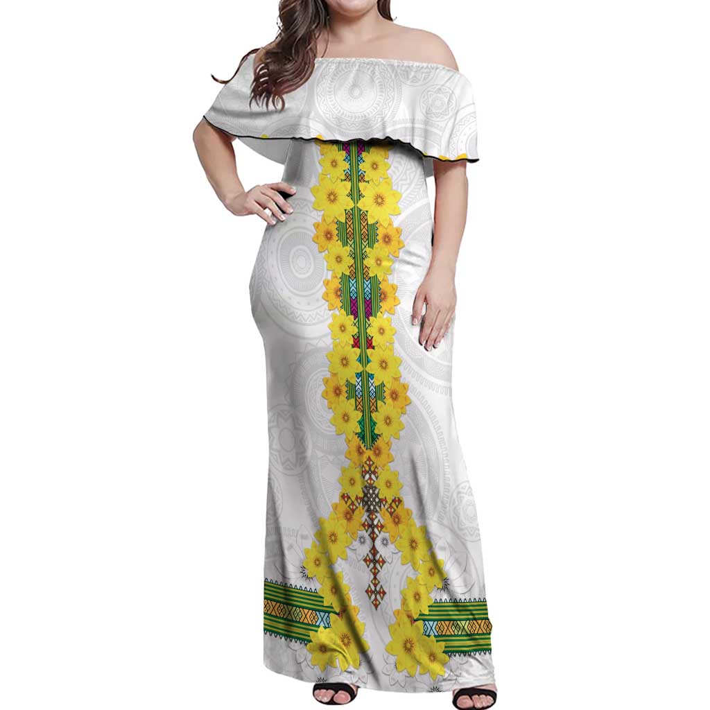 Enkutatash Ethiopia New Year Off Shoulder Maxi Dress Tilet Pattern With Adey Abeba Flowers LT05 - Wonder Print Shop