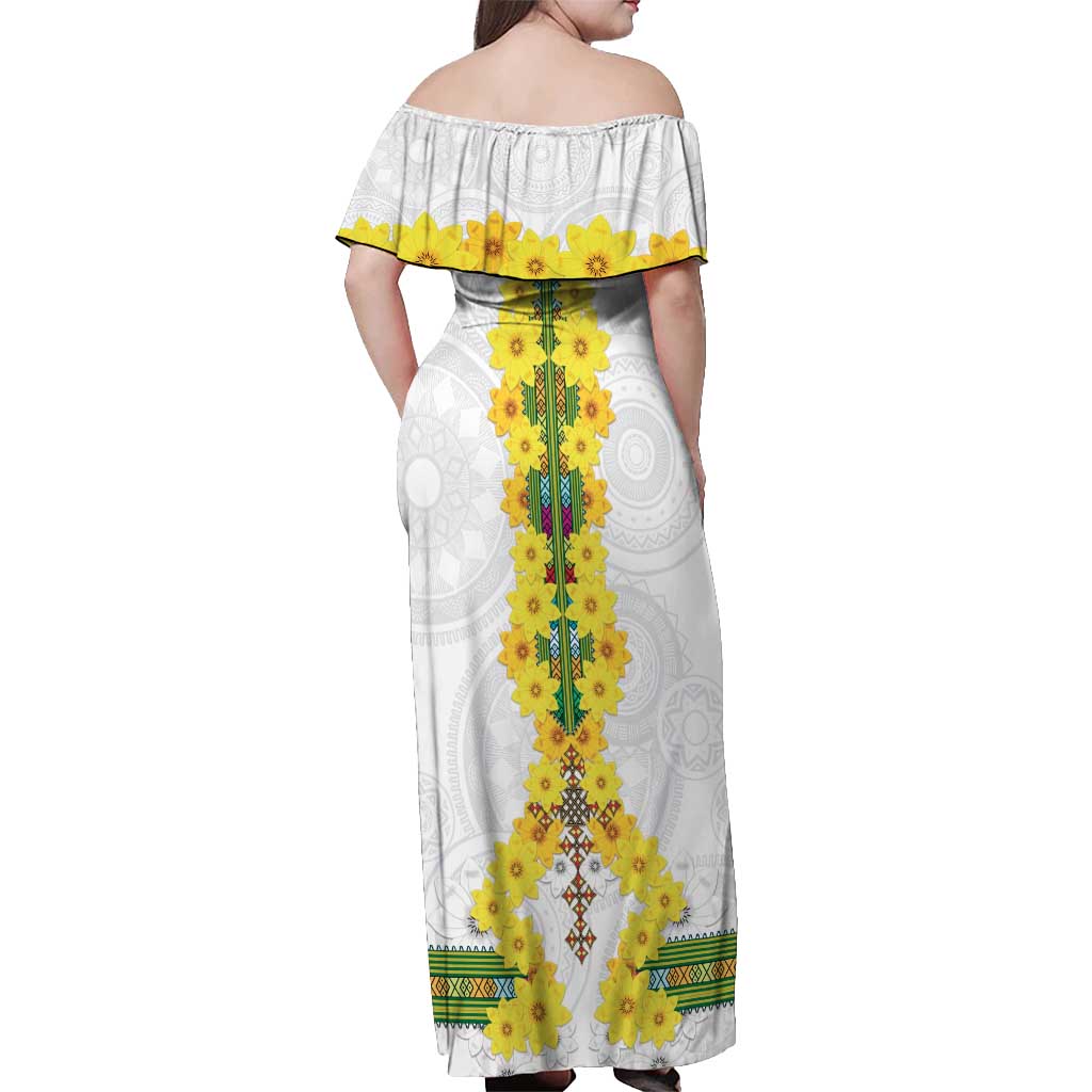 Enkutatash Ethiopia New Year Off Shoulder Maxi Dress Tilet Pattern With Adey Abeba Flowers LT05 - Wonder Print Shop