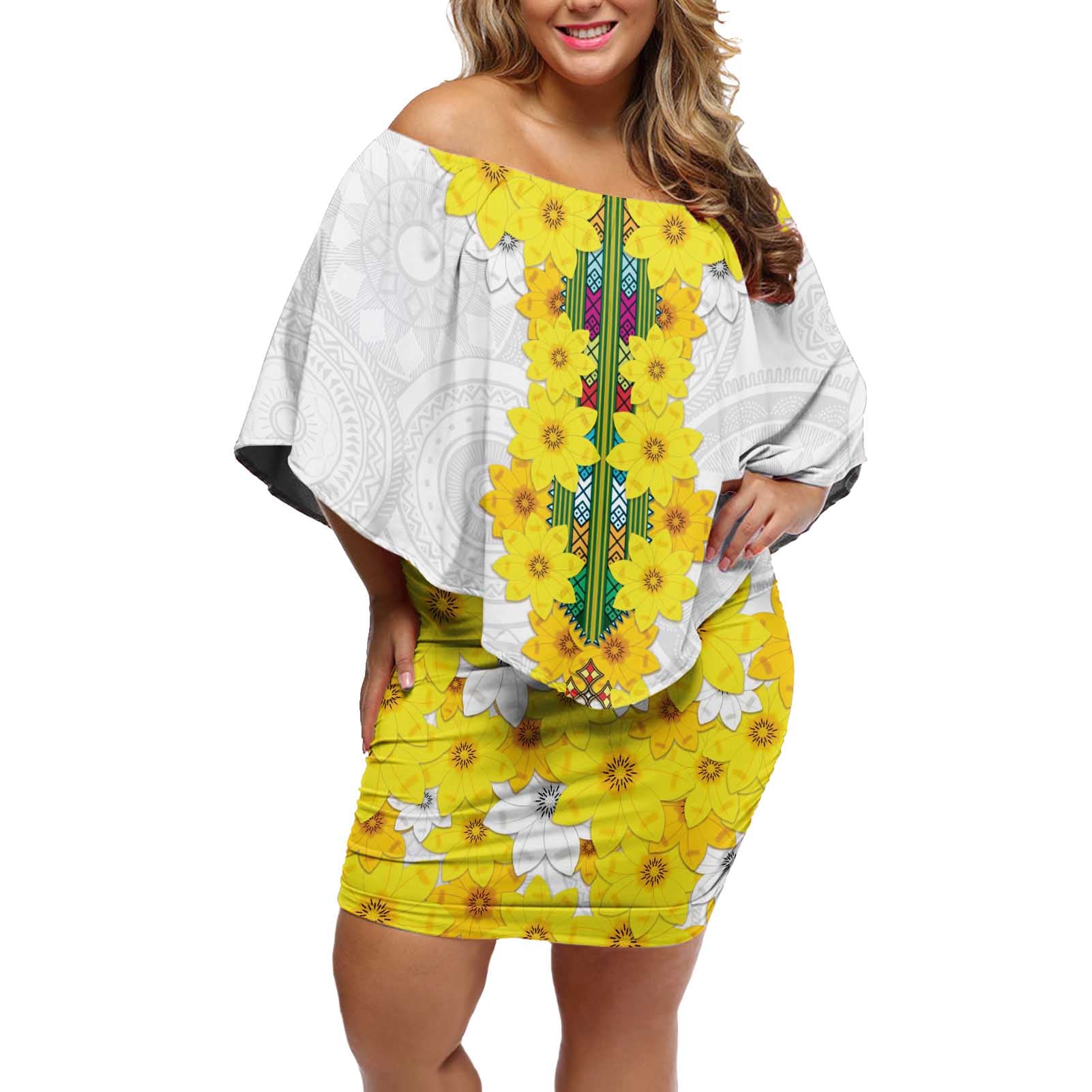Enkutatash Ethiopia New Year Off Shoulder Short Dress Tilet Pattern With Adey Abeba Flowers LT05 - Wonder Print Shop