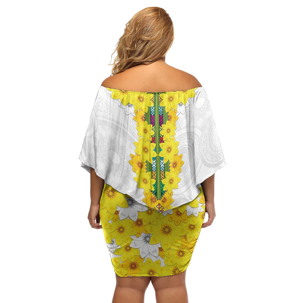Enkutatash Ethiopia New Year Off Shoulder Short Dress Tilet Pattern With Adey Abeba Flowers LT05 - Wonder Print Shop