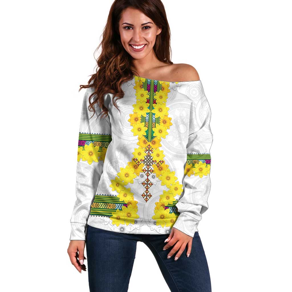 Enkutatash Ethiopia New Year Off Shoulder Sweater Tilet Pattern With Adey Abeba Flowers LT05 - Wonder Print Shop