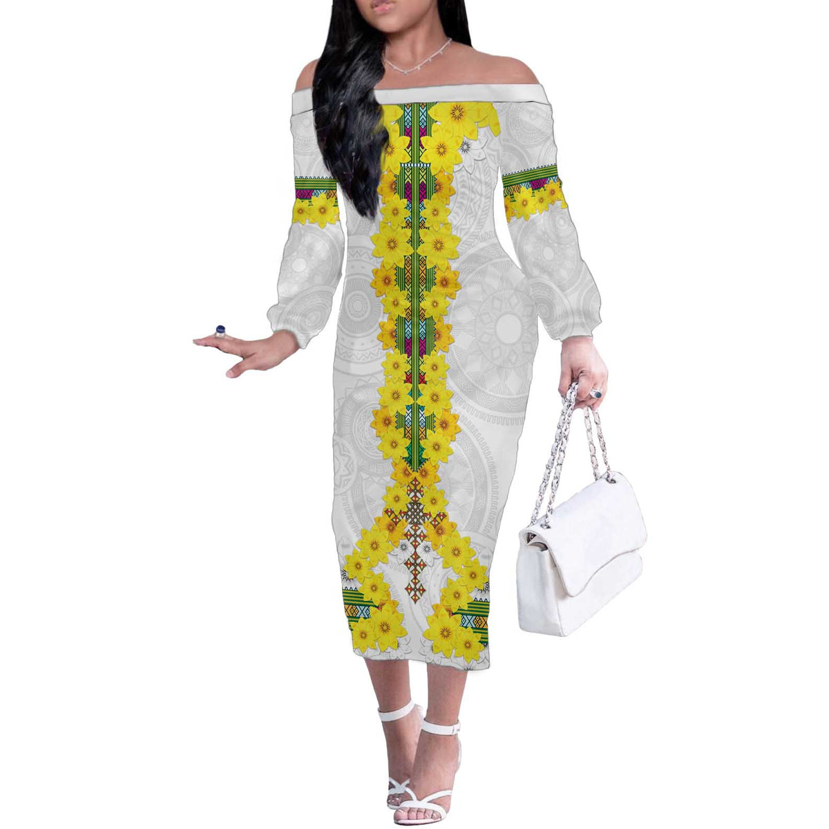 Enkutatash Ethiopia New Year Off The Shoulder Long Sleeve Dress Tilet Pattern With Adey Abeba Flowers LT05 - Wonder Print Shop
