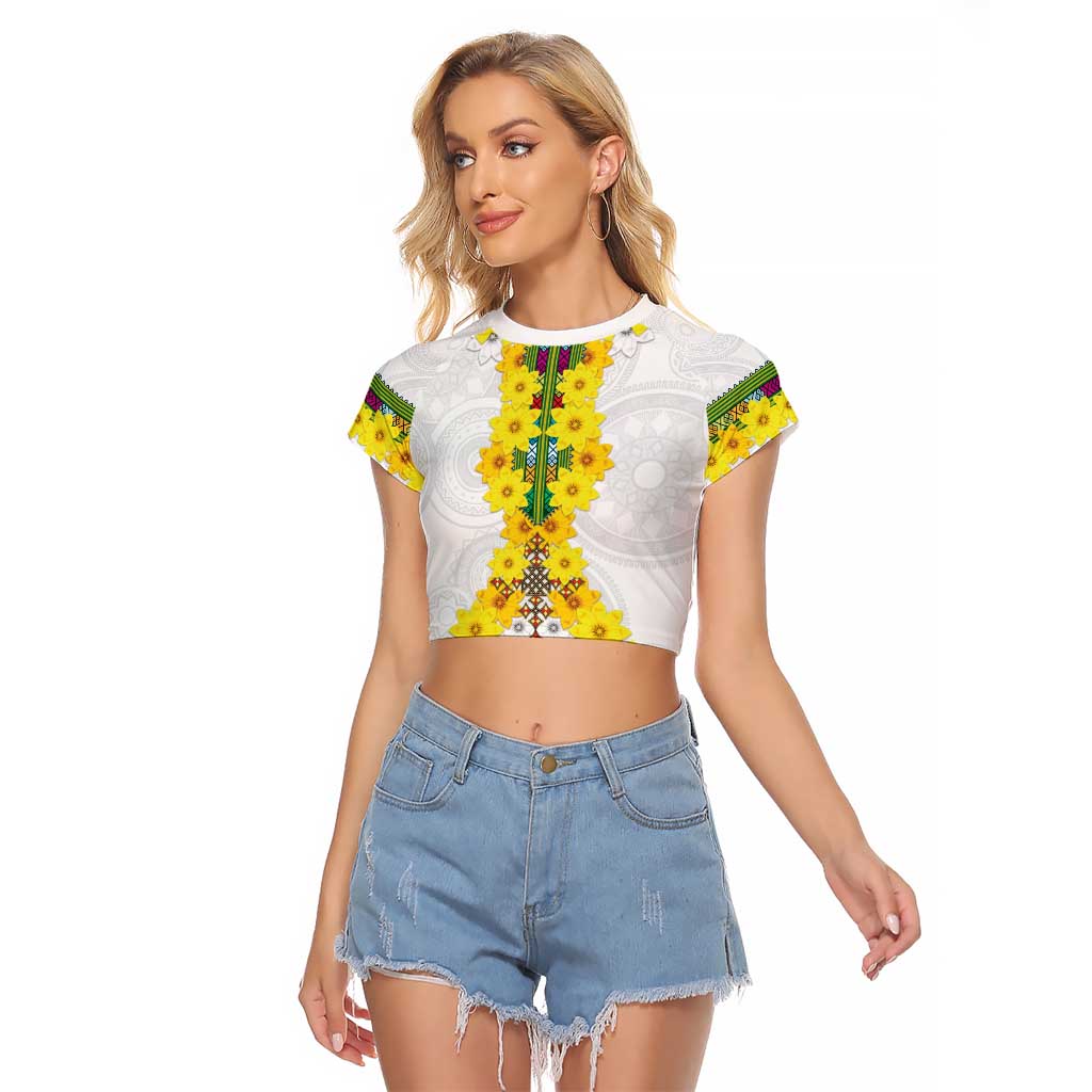 Enkutatash Ethiopia New Year Raglan Cropped T Shirt Tilet Pattern With Adey Abeba Flowers LT05 - Wonder Print Shop