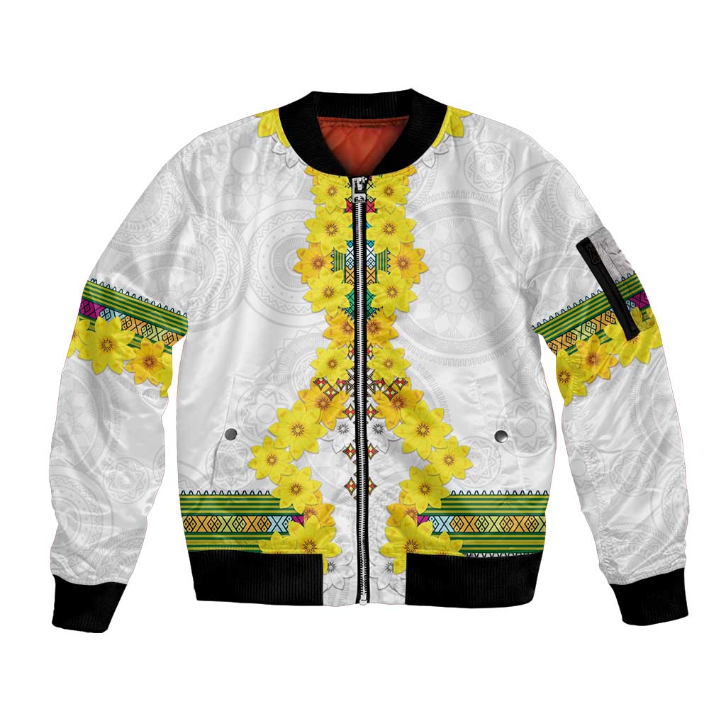 Enkutatash Ethiopia New Year Sleeve Zip Bomber Jacket Tilet Pattern With Adey Abeba Flowers LT05 - Wonder Print Shop