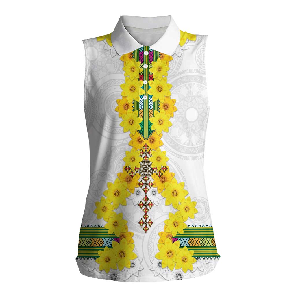 Enkutatash Ethiopia New Year Women Sleeveless Polo Shirt Tilet Pattern With Adey Abeba Flowers LT05 - Wonder Print Shop