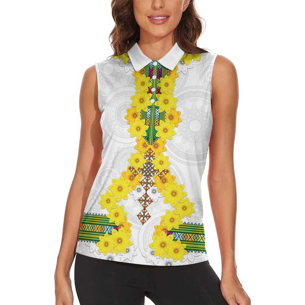 Enkutatash Ethiopia New Year Women Sleeveless Polo Shirt Tilet Pattern With Adey Abeba Flowers LT05 - Wonder Print Shop