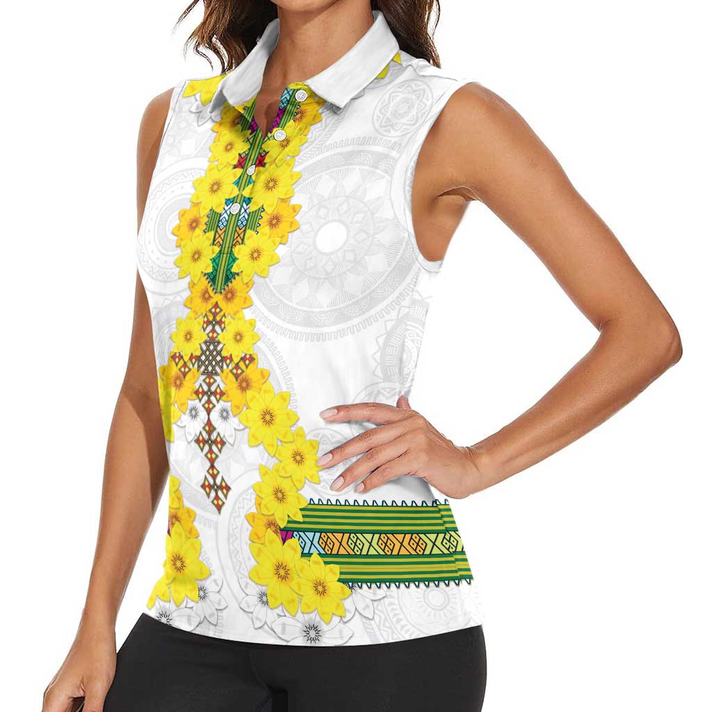 Enkutatash Ethiopia New Year Women Sleeveless Polo Shirt Tilet Pattern With Adey Abeba Flowers LT05 - Wonder Print Shop